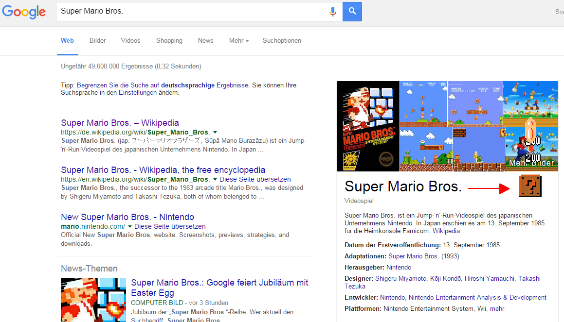 Screenshot der Googlesuche nach Super Mario Bros.