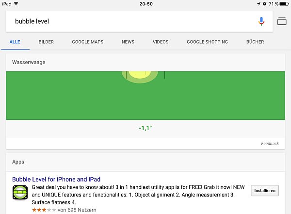 Wasserwaage in der Google App auf dem iPad