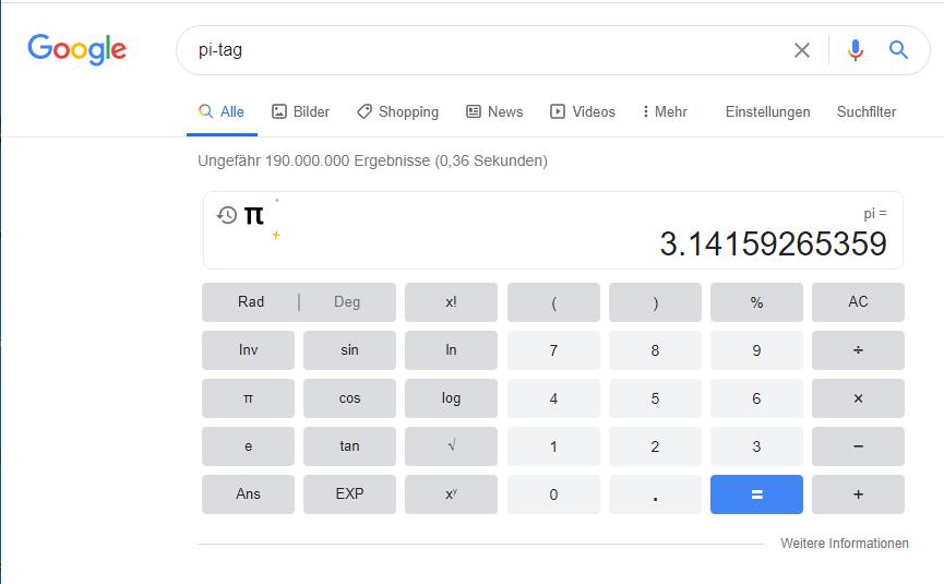 Taschenrechner in der Google Suche mit der Zahl "pi"