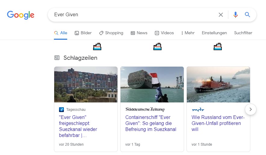 Google Suche nach Ever Given mit kleinen Schiffen unter der Suchleiste