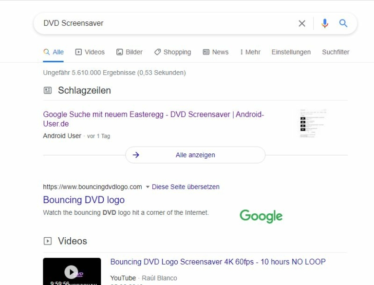 Das Google Logo in Form eines DVD Screensavers Easter EggsEaster Eggs