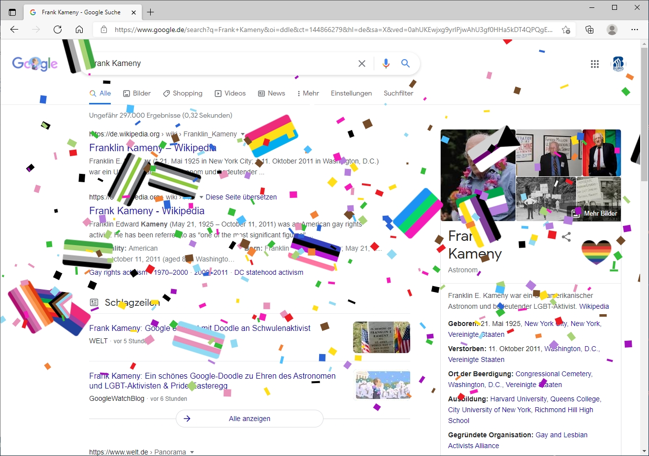 Google Suchseite mit herabfallendem Konfetti