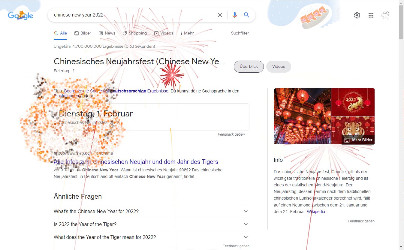 Die Googlesuche mit einem Feuerwerk, nachdem man nach den Begriffen Chinesisches Neujahrsfest 2022 gesucht hat.