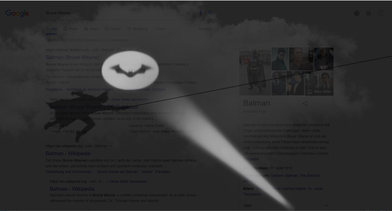 Ein Scheinwerfer wirft das Batman-Logo auf die verdunkelte Suchseite von Google
