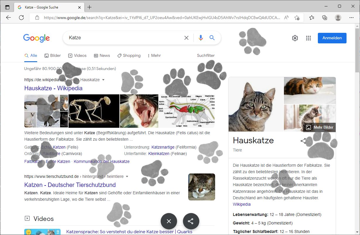 Die Suchseite von Google mit vielen Abdrücken von Pfoten