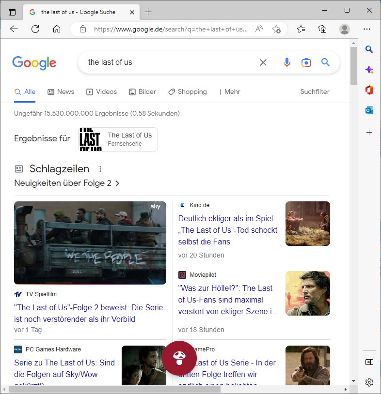 Google-Suche nach "The Last of Us" mit einem Pilz am unteren Rand der Webseite