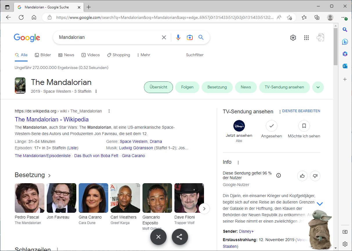 Die Googlesuche nach "Mandalorian" mit Grogu rechts unten in der Ecke