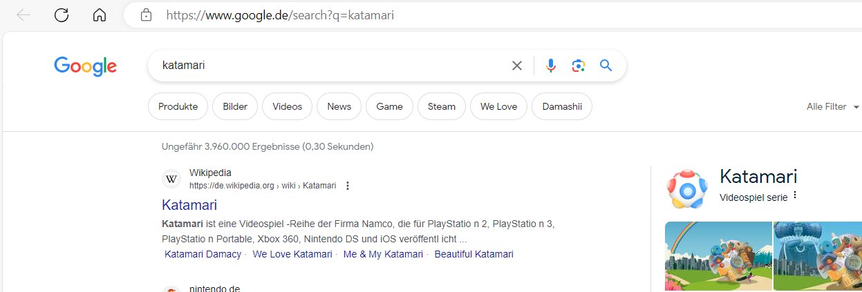 Google Suchfeld mit dem Begriff "Katamari "