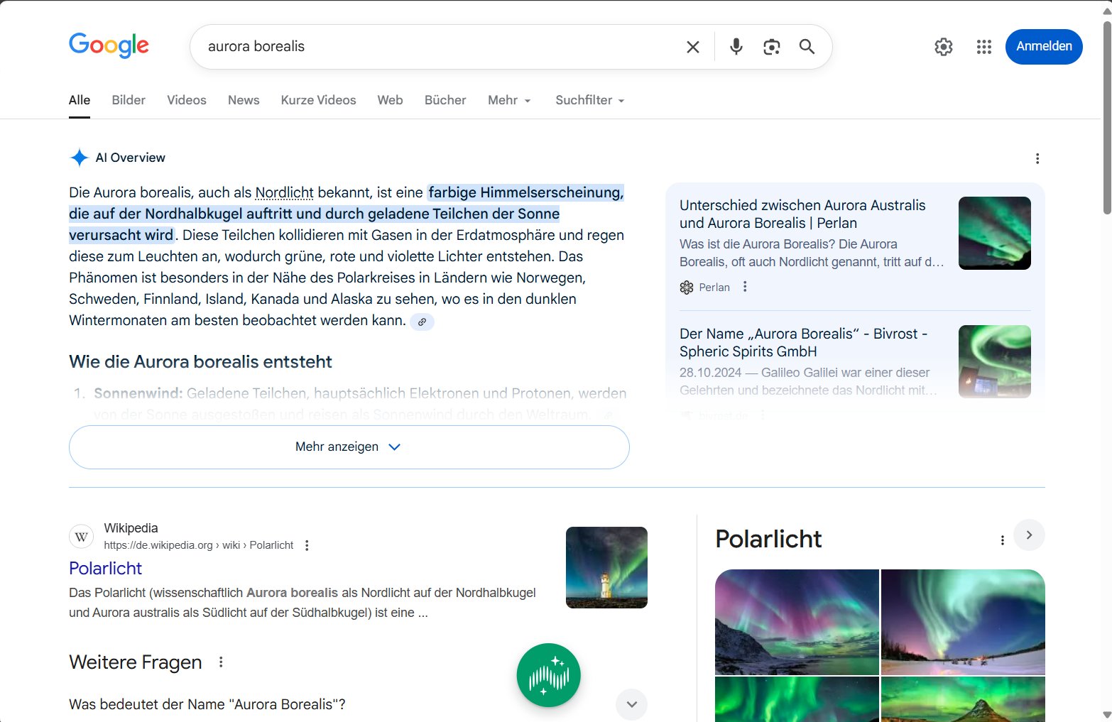 Ein grüner Button am unteren Rand der Google-Suchseite