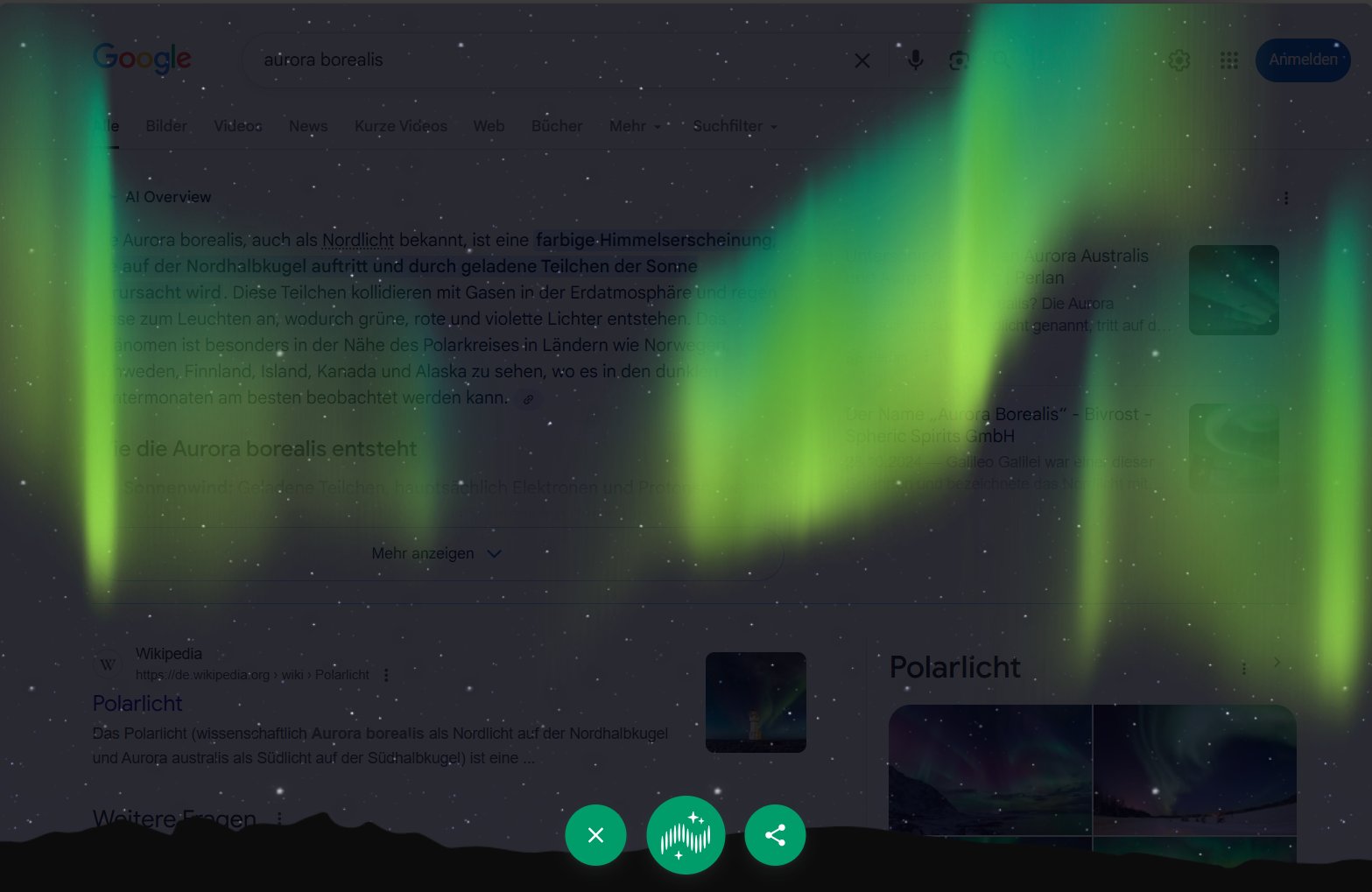 Der Suchbildschirm wird von Polarlichtern überlagert.
