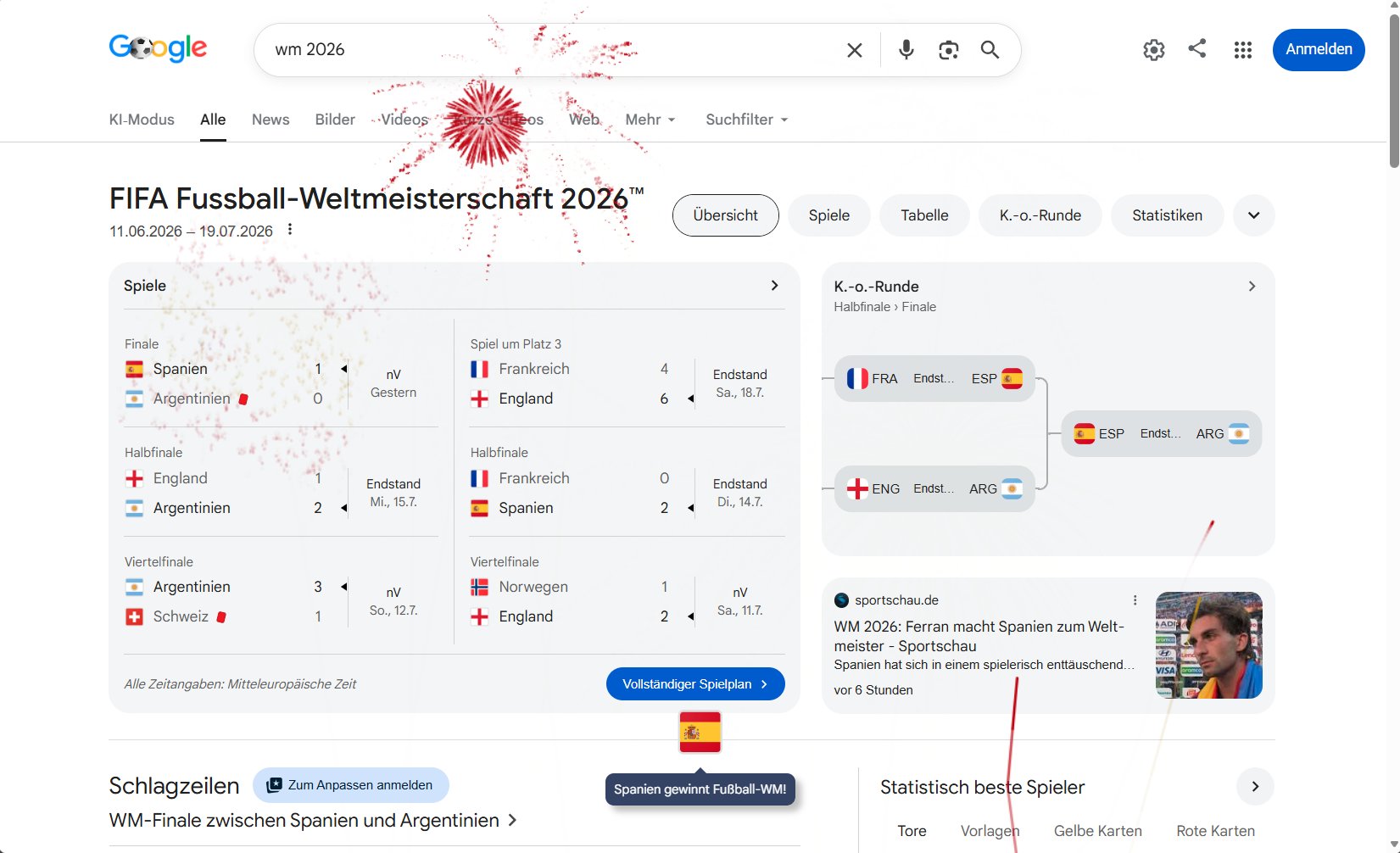 Feuerwerk auf der Ergebnissseite von Google
