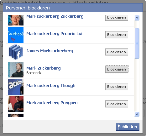 Mark Zuckerberg zum blockieren auswählen