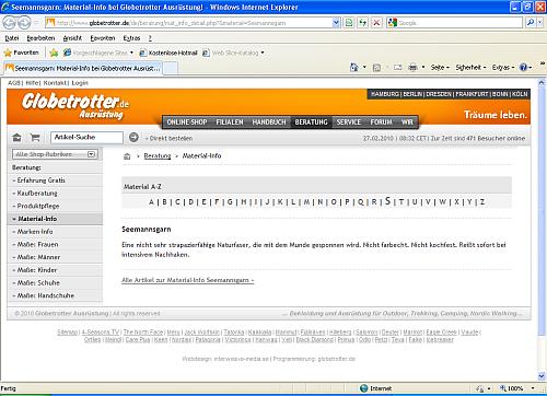 Screenshot der Webseite von Globetrotter