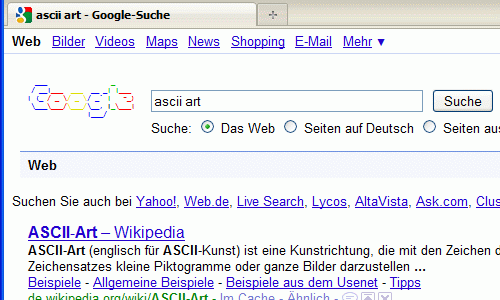 Googel Suchseite mit dem Suchbegrff ascii art