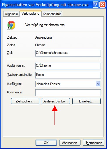Eigenschaften von Chrome, hier auf Anderes Symbol klicken