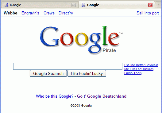 Die Google Startseite auf Piratisch